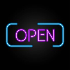 Neon sign open, modern glowing banner design, colorful modern design trend on black background. Vector illustration.