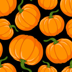 Cartoon orange Pumpkin vector seamless pattern.  Symbol of Fall season, Autumn Harvest, Thanksgiving Day. Hand drawn background for design print, fabric, textile, greeting card, invitation