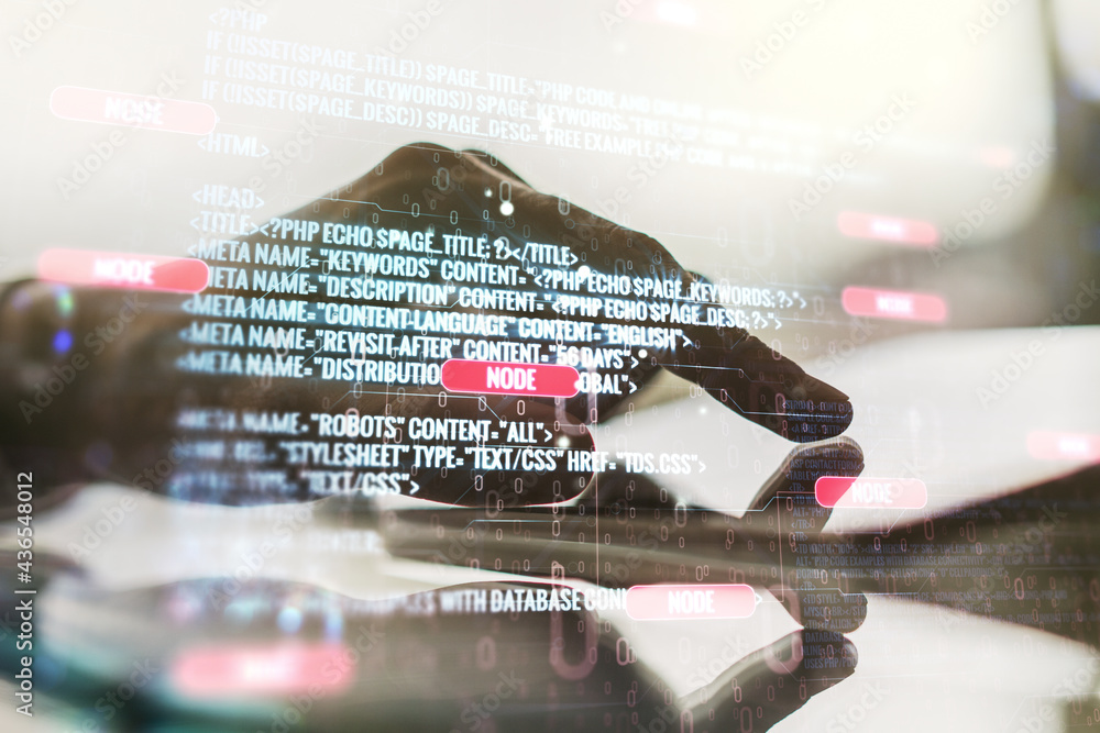 Aufkleber Multi exposure of abstract software development hologram and finger presses on a digital tablet on background, research and analytics concept