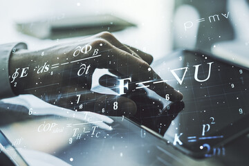 Double exposure of creative scientific formula concept with finger clicks on a digital tablet on...
