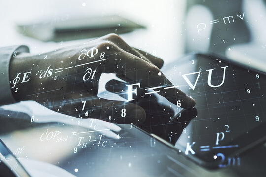 Double exposure of creative scientific formula concept with finger clicks on a digital tablet on background, research and development concept