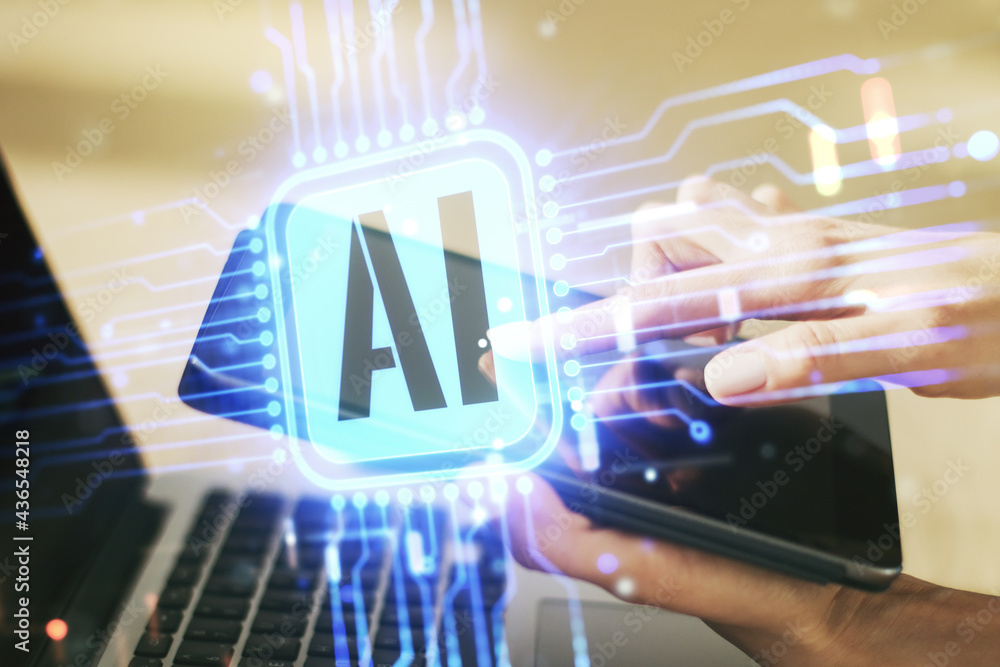 Aufkleber Double exposure of creative artificial Intelligence icon with finger clicks on a digital tablet on background. Neural networks and machine learning concept