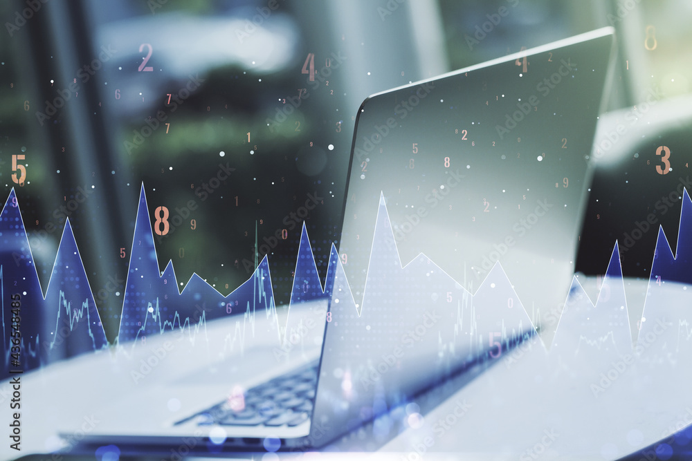 Poster multi exposure of stats data illustration on modern laptop background, computing and analytics conce