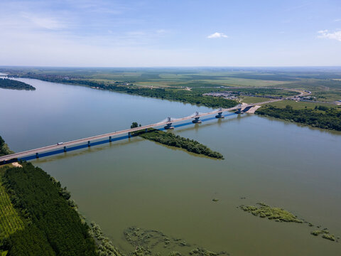 Aerial view of Vidin - Calafat bridge between Romania and Bulgaria