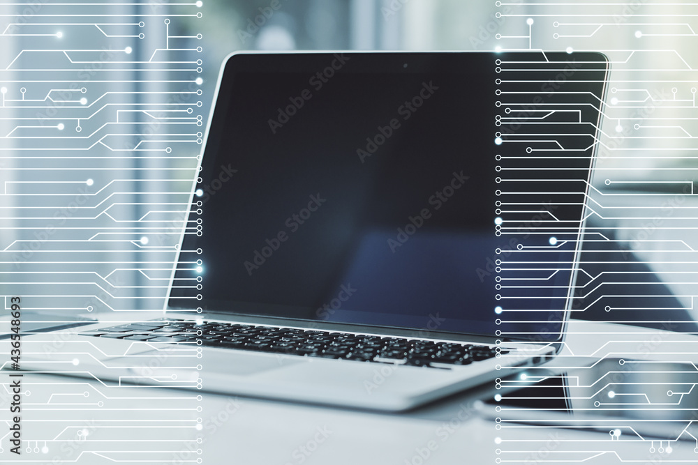 Poster creative abstract micro chip hologram on modern computer background, artificial intelligence and mac