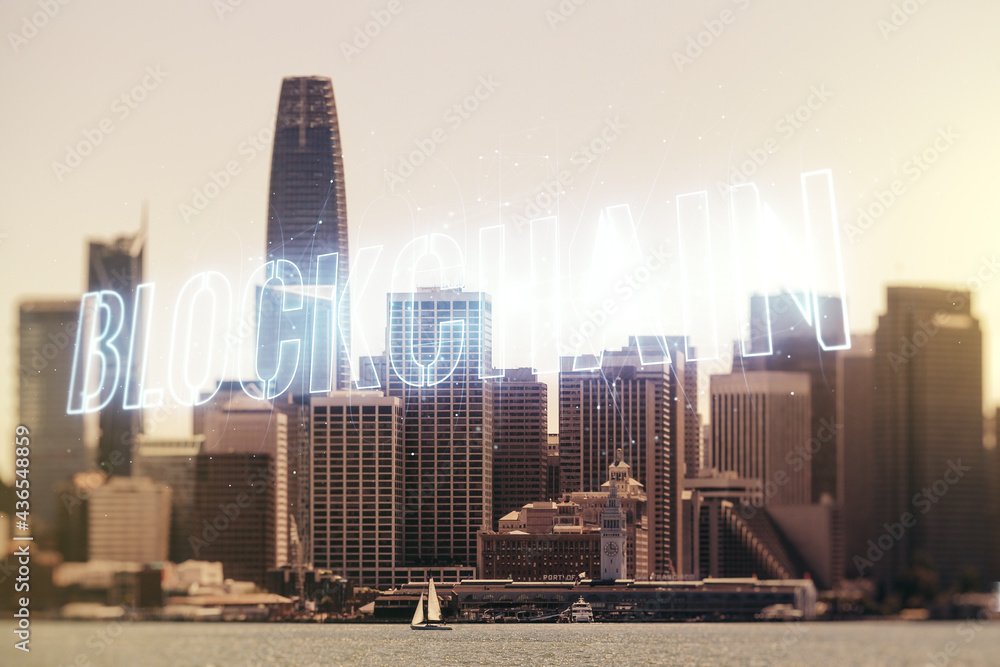 Poster abstract virtual blockchain technology sketch on san francisco office buildings background, future t