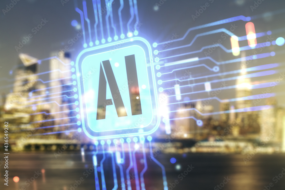 Poster double exposure of creative artificial intelligence icon on blurry cityscape background. neural netw