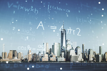 Scientific formula illustration on New York cityscape background, science and research concept. Multiexposure