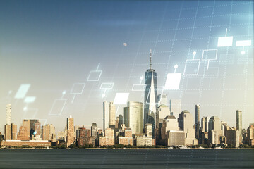 Double exposure of virtual creative financial diagram on New York office buildings background, banking and accounting concept