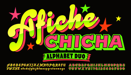 A pair of alphabets to be used together to create bright and eye-catching Peruvian style poster graphics. Afiche is Spanish for “poster,” Chicha refers to a South American drink, and a graphic style.