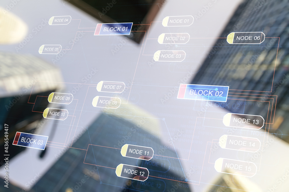 Poster double exposure of abstract programming language interface on modern skyscrapers background, researc