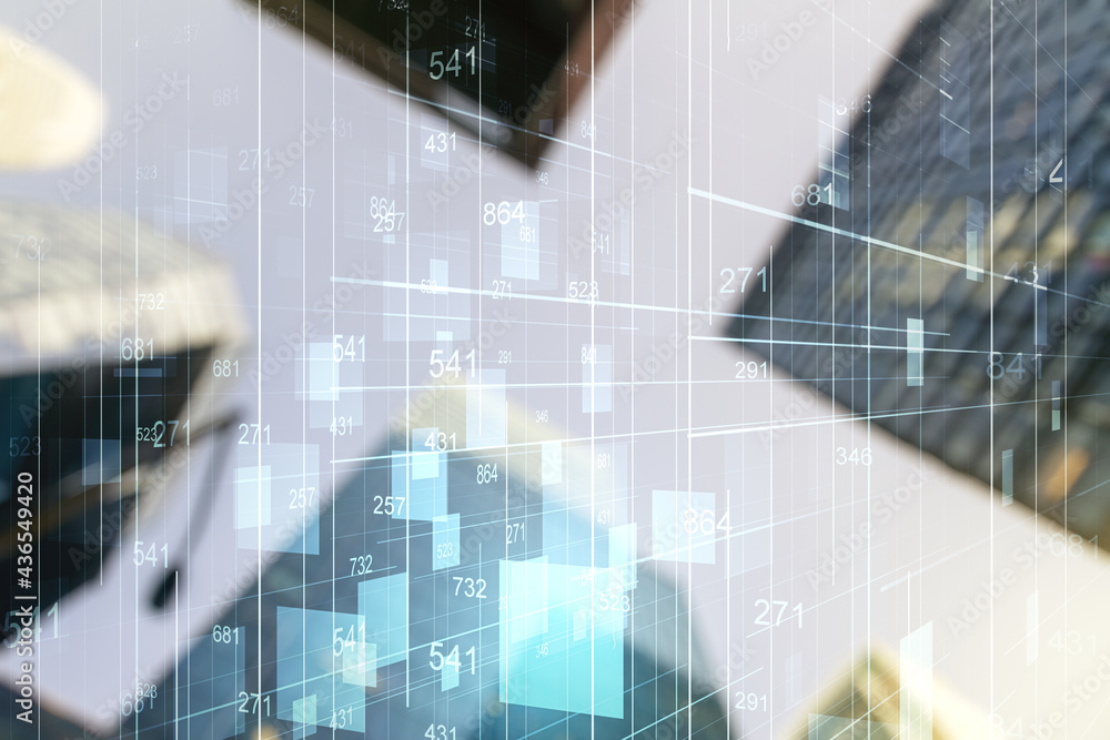 Poster abstract virtual analytics data spreadsheet on modern architecture background, analytics and analysi