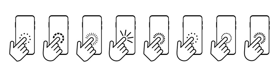 Touch Screen icons. Hand clicking on smartphone screen. Vector elements collection