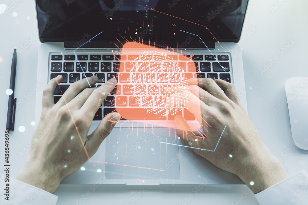 Poster double exposure of abstract creative fingerprint hologram with hands typing on laptop on background,