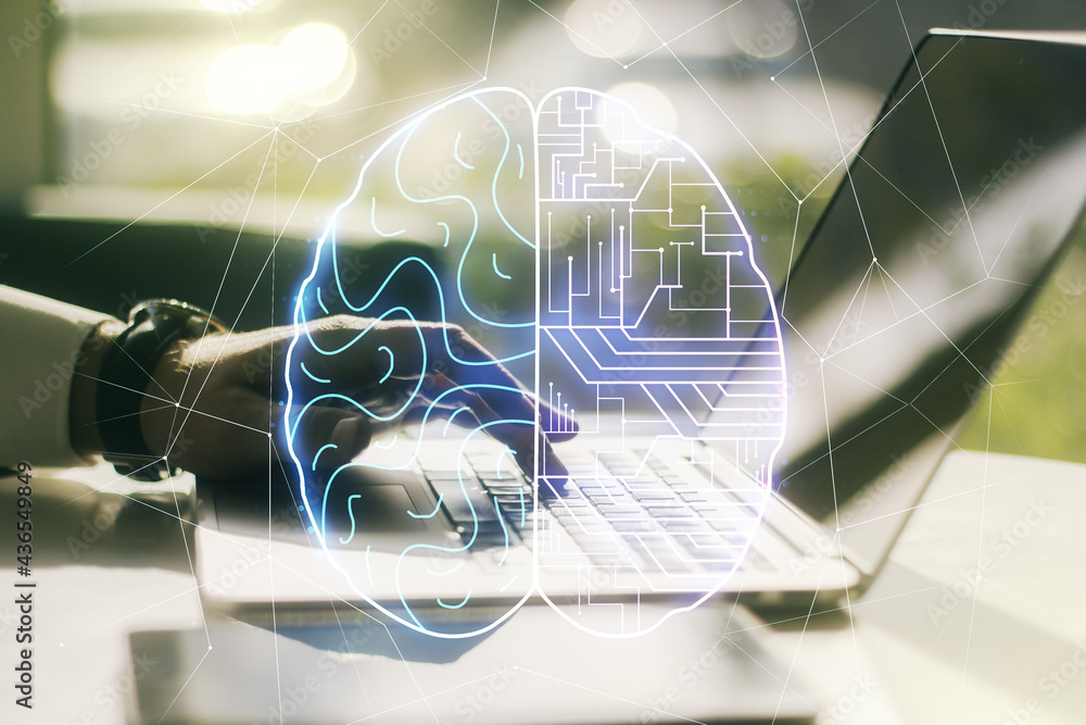 Poster creative artificial intelligence concept with human brain sketch and hands typing on computer keyboa