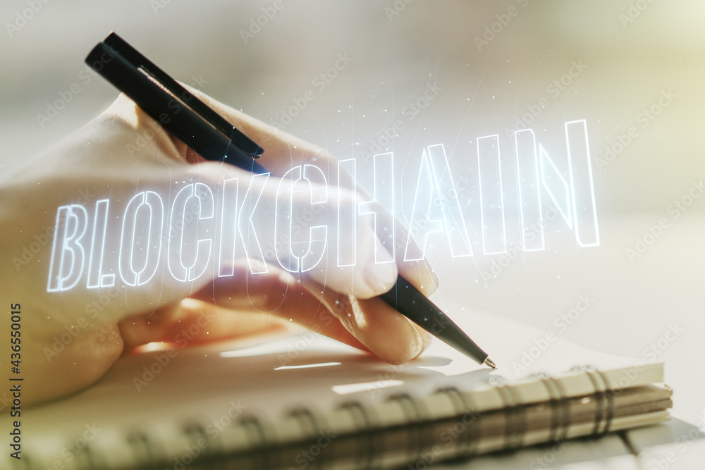 Poster creative abstract blockchain technology sketch and woman hand writing in diary on background, future