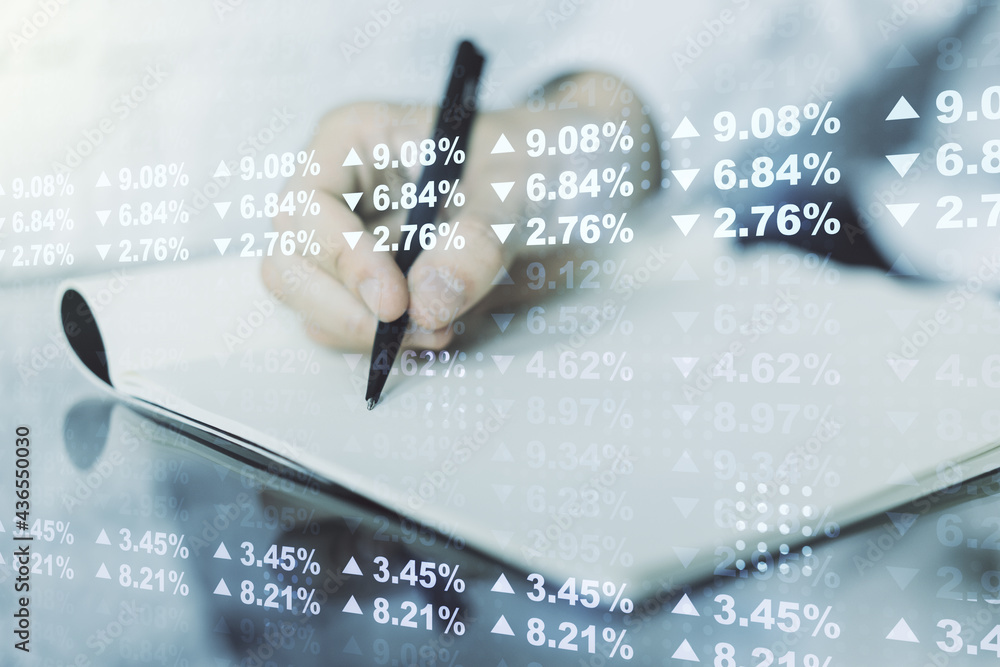 Poster multi exposure of stats data illustration with man hand writing in notebook on background, computing
