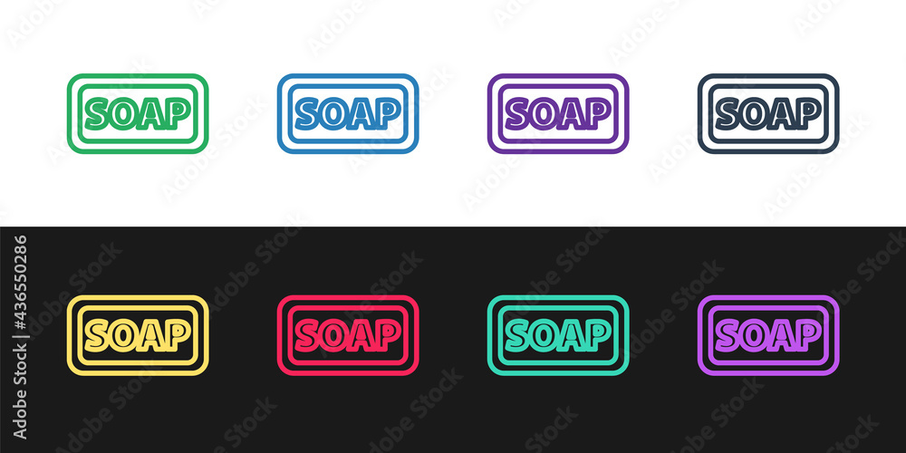 Poster set line bar of soap icon isolated on black and white background. soap bar with bubbles. vector illu