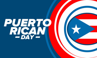 Puerto Rican Day. National happy holiday. Festival and parade in honor of independence and freedom. Puerto Rico flag. Latin american country. Patriotic elements. Vector poster illustration