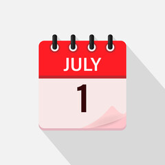 July 1, Calendar icon with shadow. Day, month. Flat vector illustration.