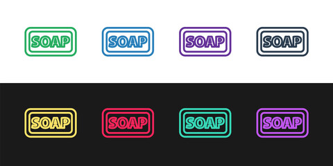 Set line Bar of soap icon isolated on black and white background. Soap bar with bubbles. Vector Illustration