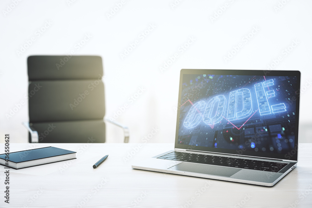 Aufkleber creative code word sign on modern computer monitor, international software development concept. 3d r