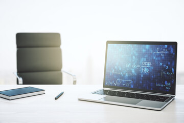Creative scientific formula hologram on modern laptop monitor, research concept. 3D Rendering