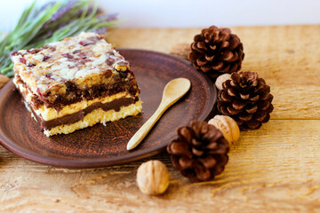 Piece of tasty chocolate-nut cake on a clay plate. Walnuts and pine cones stand nearby