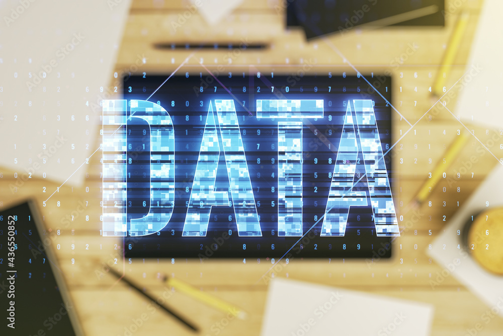 Poster creative data word hologram and modern digital tablet on background, big data and blockchain concept