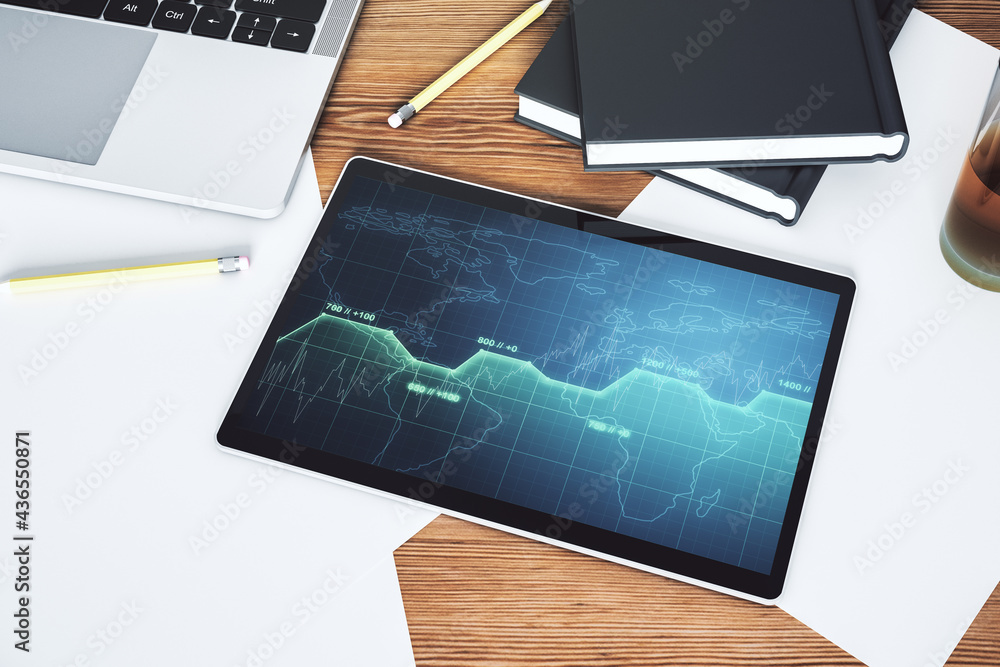 Poster modern digital tablet display with creative statistics data hologram, stats and analytics concept. t