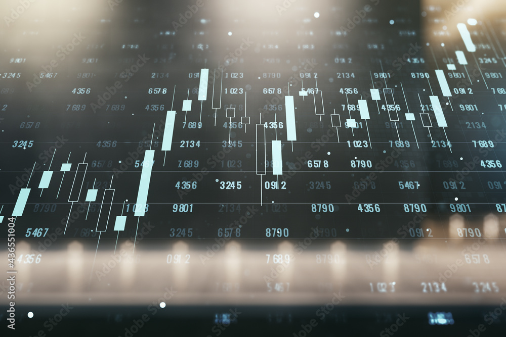 Poster multi exposure of abstract virtual graphic data spreadsheet sketch on blurry contemporary office bui