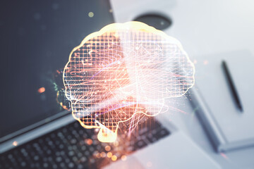 Creative artificial Intelligence concept with human brain hologram on modern laptop background....
