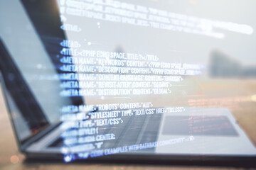 Abstract creative coding illustration on modern computer background, software development concept....