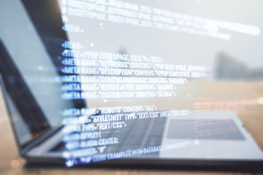 Abstract creative coding illustration on modern computer background, software development concept. Multiexposure