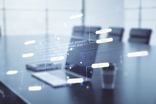 Double exposure of abstract creative programming illustration on computer background, big data and blockchain concept