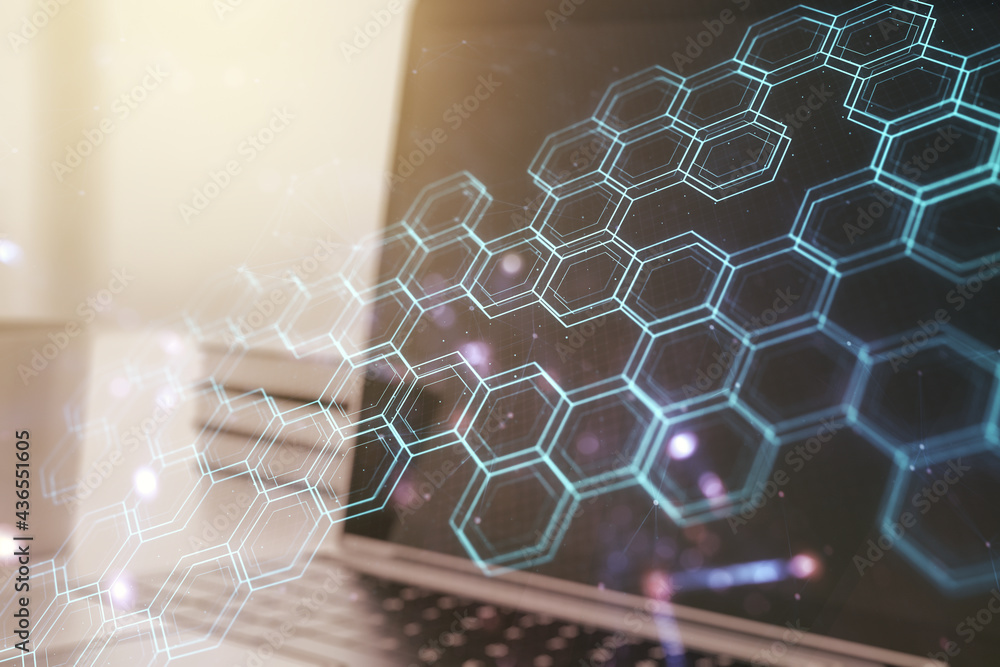 Poster creative abstract wireless technology hologram with hexagon on modern computer background, artificia