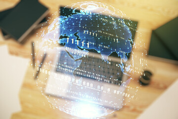 Multi exposure of abstract programming language hologram with world map on computer background, artificial intelligence and neural networks concept