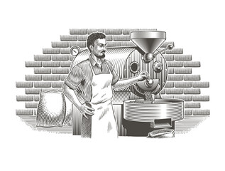Professional coffee roaster and vintage roasting machine, roasted coffee beans and bags. Engraving or etching vintage style black and white vector illustration. Good for packaging or label design.