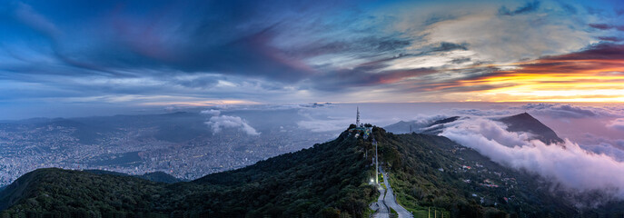 Aerial panoramic view of Caracas city at sunrise from Hotel Humboldt. Caracas Venezuela.