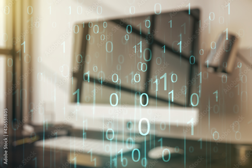 Poster creative concept of binary code illustration on modern laptop background. big data and coding concep