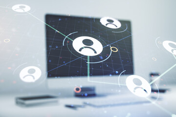 Double exposure of social network icons concept with modern laptop on background. Marketing and promotion concept