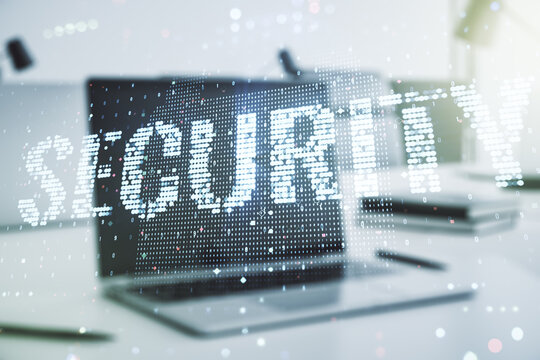 Cyber security creative concept on modern laptop background. Double exposure