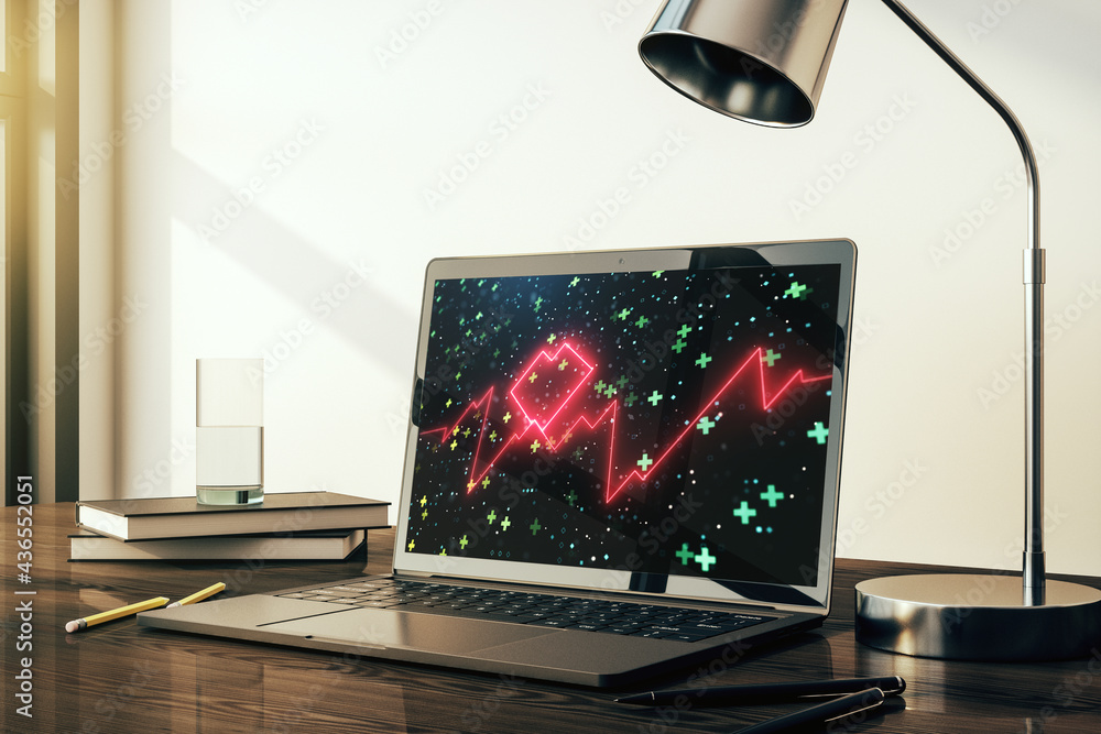 Poster modern computer monitor with creative abstract heart rate hologram. healthcare technolody concept. 3