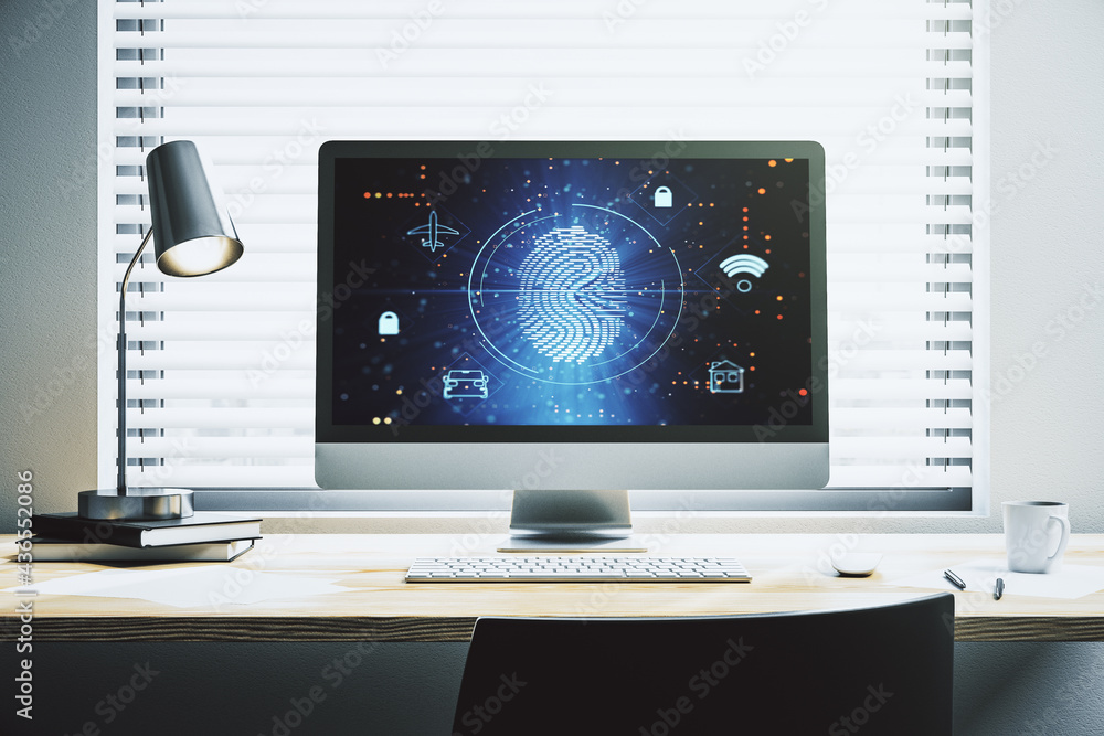 Poster Modern computer screen with creative fingerprint hologram, personal biometric data concept. 3D Rendering