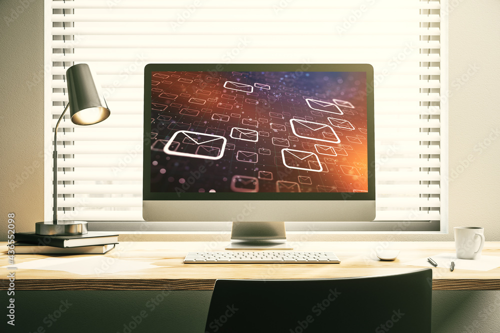 Poster modern computer monitor with postal envelopes hologram. electronic mail and spam concept. 3d renderi