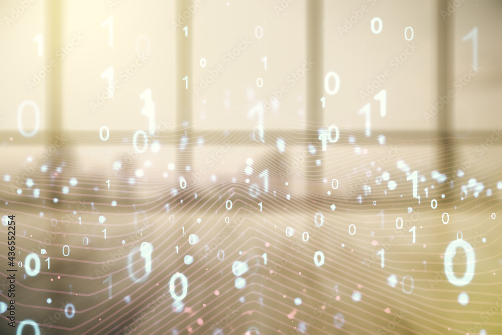 Poster abstract virtual binary code illustration on empty corporate office background. big data and coding 