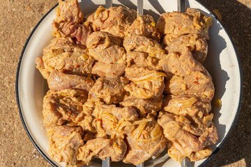 Raw shish kebab skewers or marinated kebab on a platter before grilling