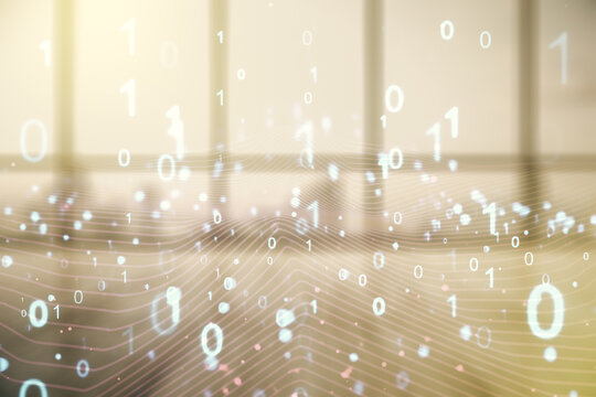 Abstract virtual binary code illustration on empty corporate office background. Big data and coding concept. Multiexposure