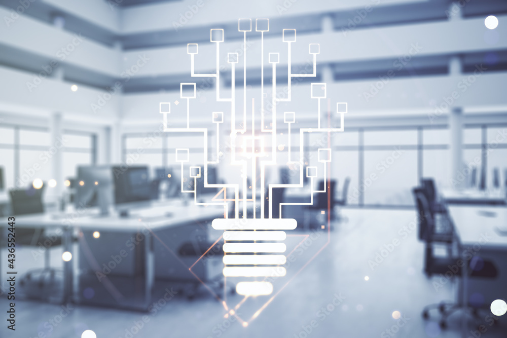 Aufkleber virtual creative light bulb with chip hologram on a modern furnished office interior background, art