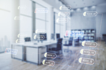 Double exposure of abstract programming language interface on modern corporate office background, research and development concept